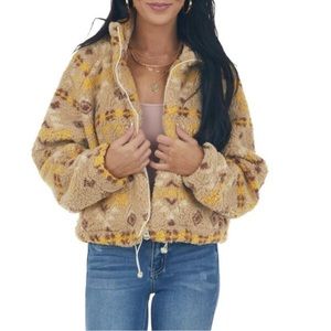 Love Tree Aztec Pattern Sherpa Fleece Crop Jacket